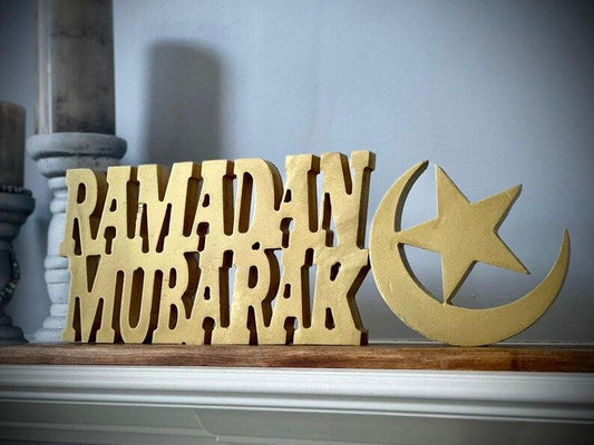 Ramadan Mubarak w/ Moon & Star Table Piece - Salam Wood Works, LLC