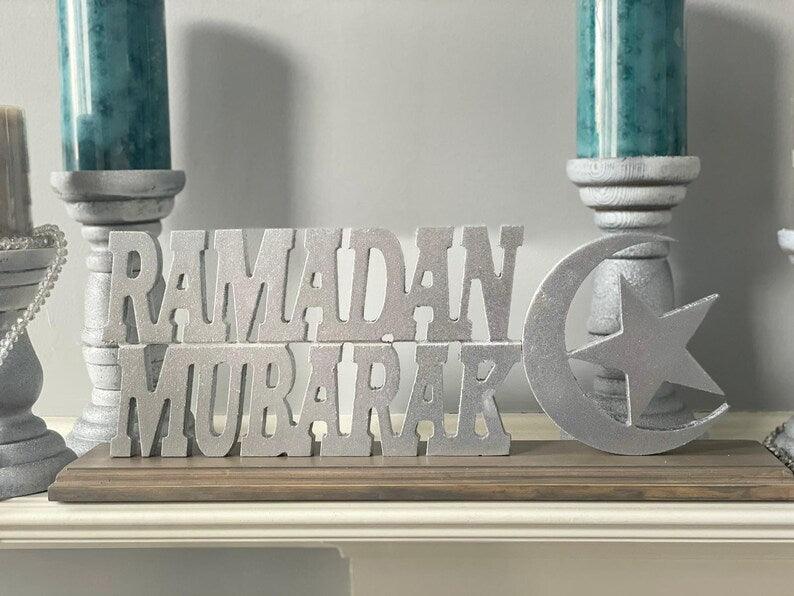 Ramadan Mubarak w/ Moon & Star Table Piece - Salam Wood Works, LLC